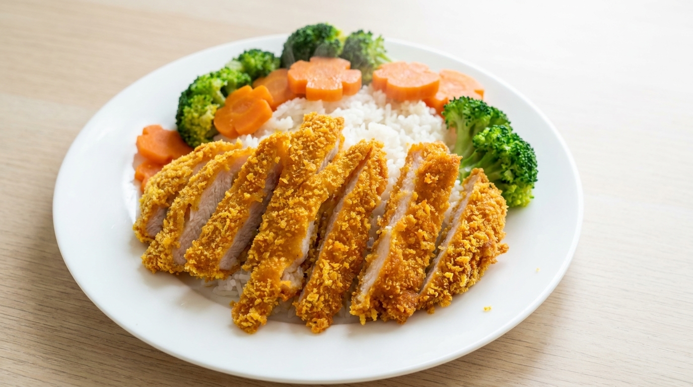 Golden-brown crispy chicken katsu served with steamed rice and decorative stir-fried vegetables.