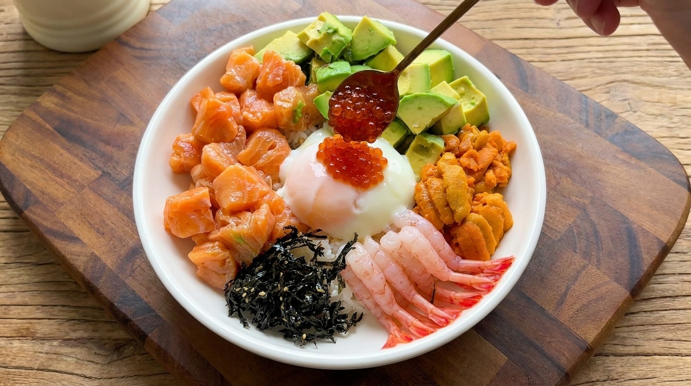 A deluxe seafood rice bowl with marinated salmon, avocado, uni, sweet shrimp, and a soft onsen egg topped with ikura