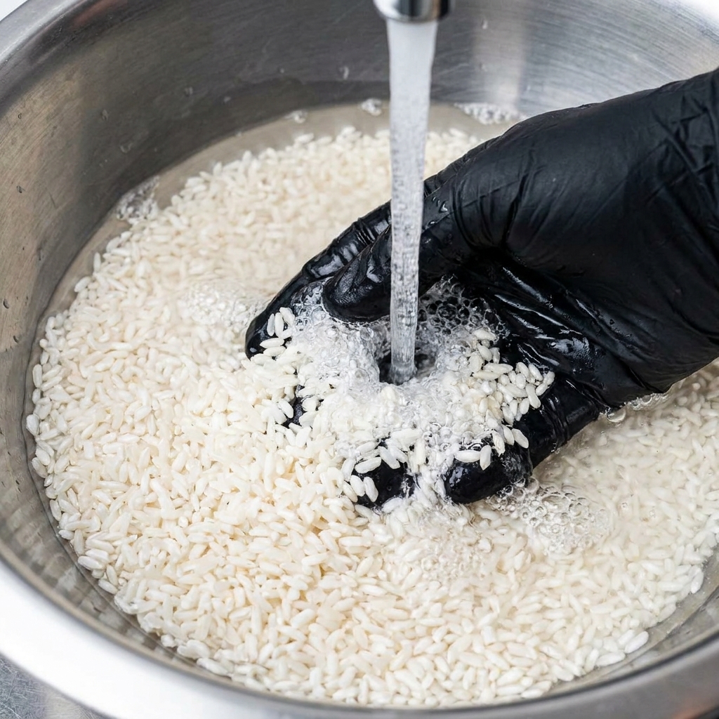 A black-gloved hand gently swirling and washing white rice in a metal bowl under a stream of water.