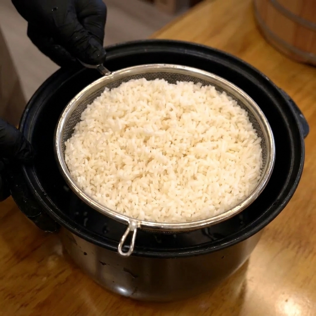 Washed white rice resting in a metal mesh strainer, being held by gloved hands over a dark bowl to drain.