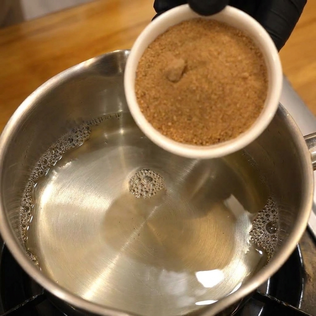 A small white bowl of brown sugar being poured into a metal saucepan containing clear rice vinegar.
