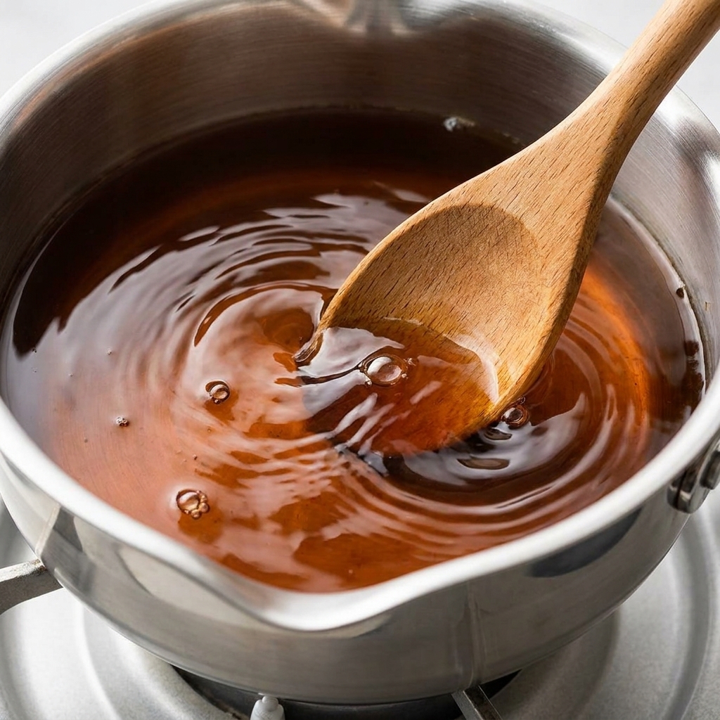 A wooden spoon stirring a warm, dark mixture of rice vinegar and brown sugar in a metal saucepan.