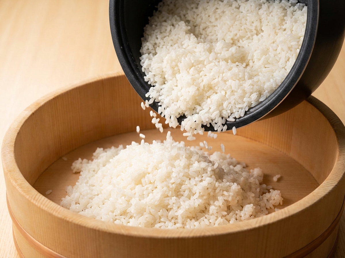 Hot, steamed white rice being poured from a black rice cooker inner pot into a shallow, circular wooden sushi tub.