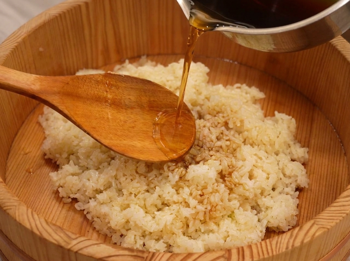 Amber-colored sushi vinegar being poured from a stainless steel pot onto a mound of hot white rice in a wooden bucket, guided by a wooden spoon.