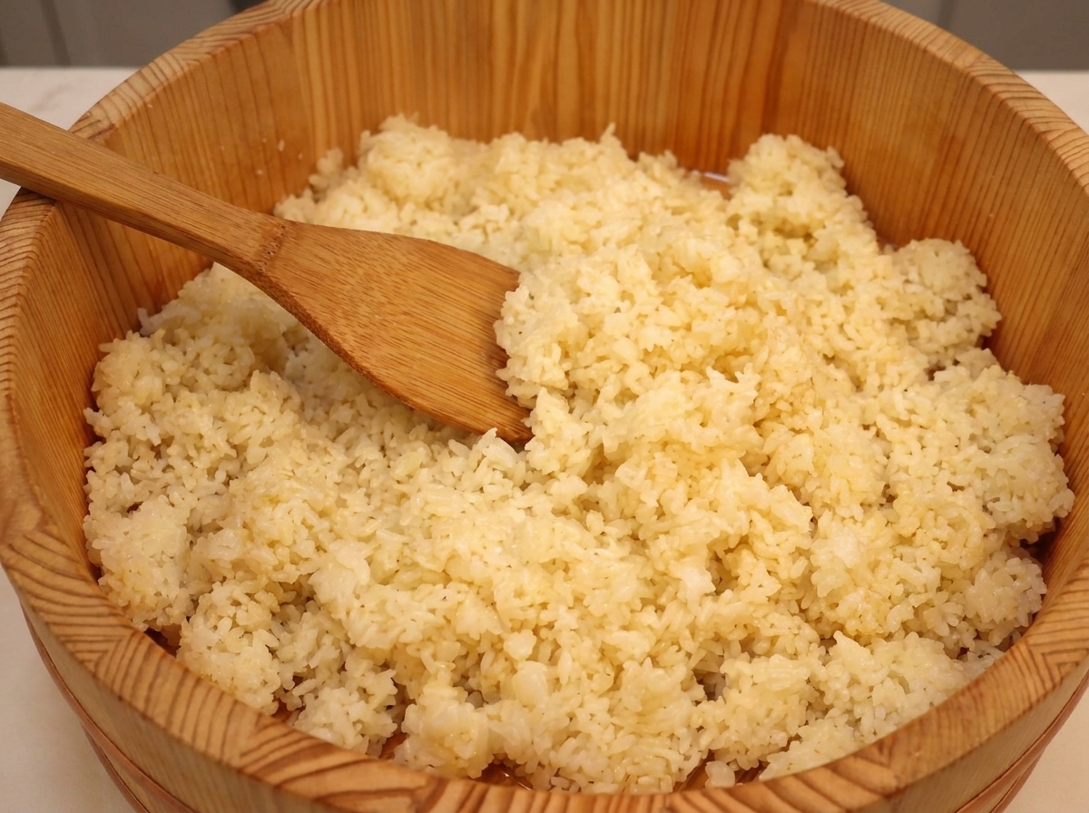 A wooden rice paddle cutting through and tossing seasoned white rice inside a large wooden hangiri bucket.