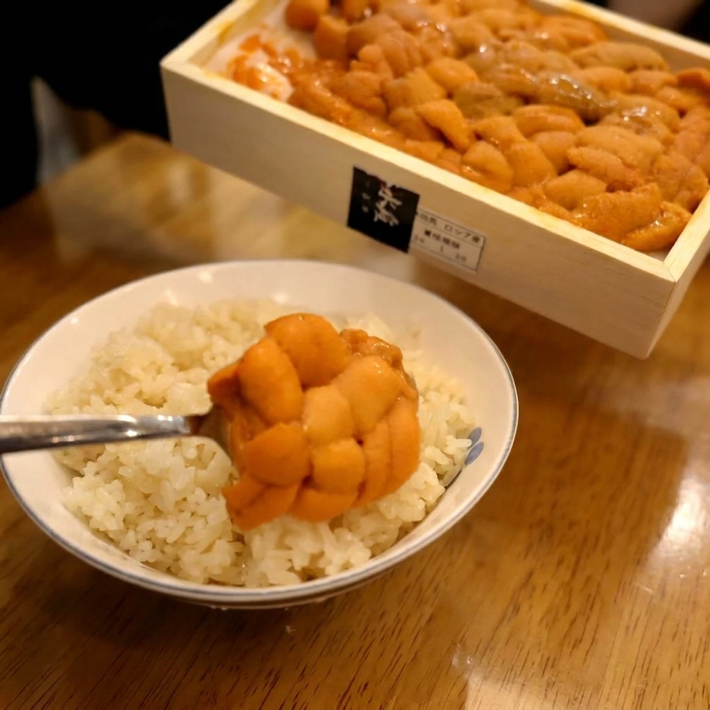 A spoon carefully placing orange sea urchin lobes and red salmon roe over a bowl of seasoned rice with a small lime wedge on the side.