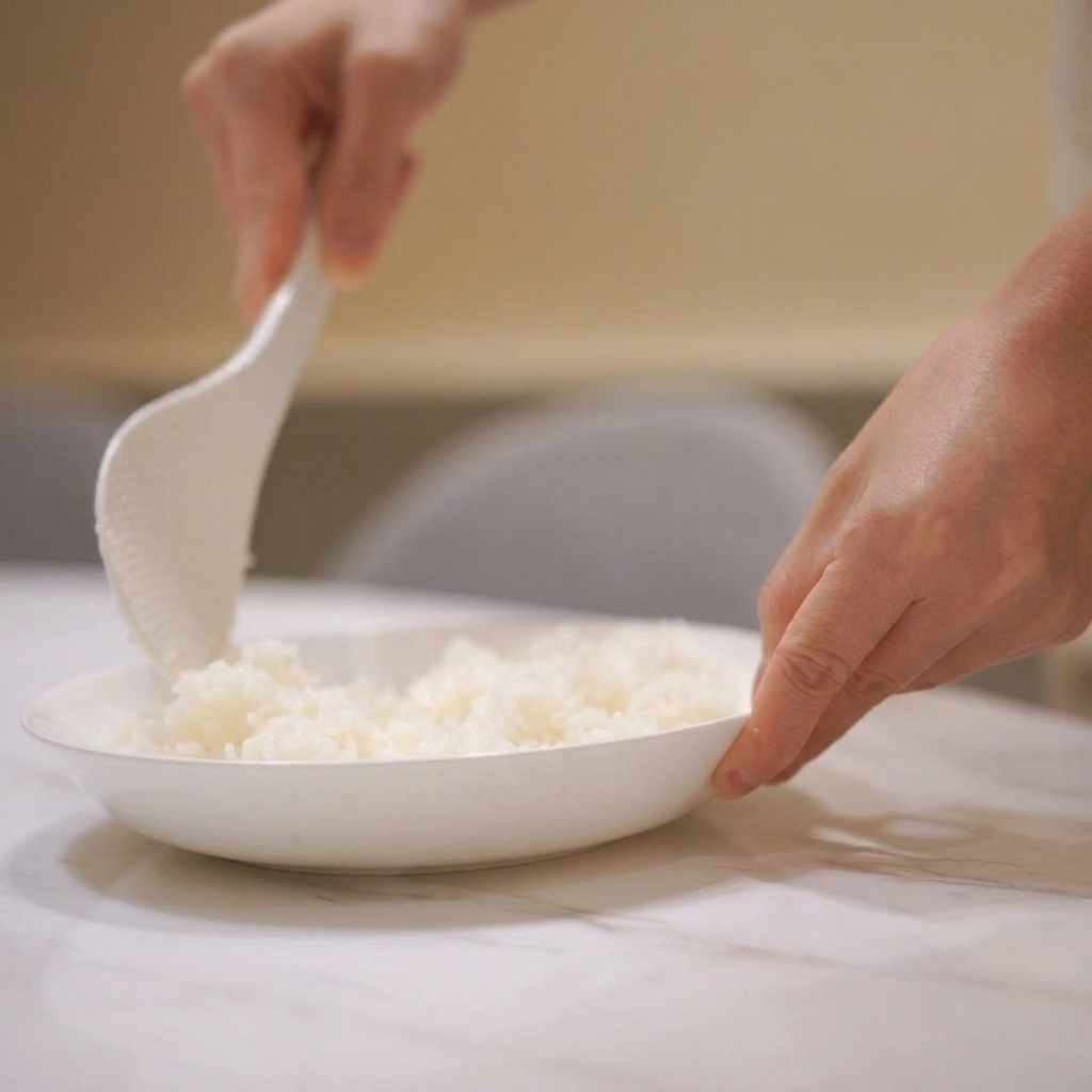 A person pouring clear sushi vinegar from a small container onto a plate of white, fluffy cooked rice.