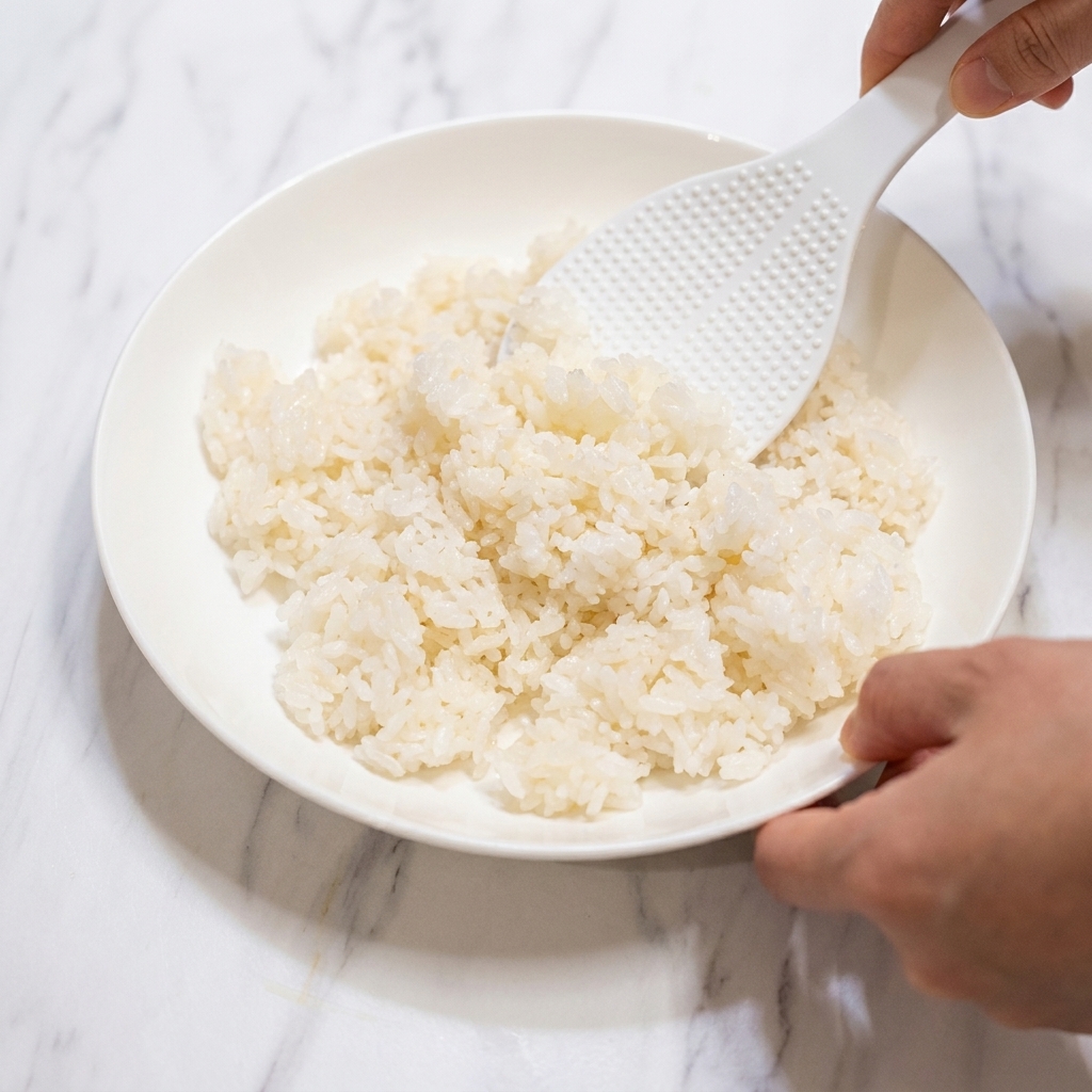 A hand using a textured white rice paddle to fold vinegar into a plate of white rice on a marble countertop.