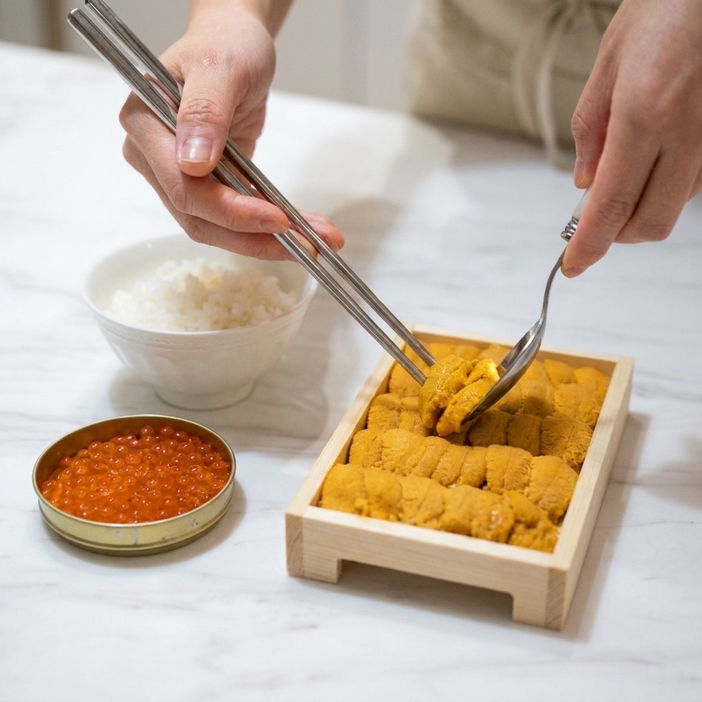 A person using metal chopsticks and a spoon to transfer bright orange uni lobes from a wooden tray onto a bowl of rice.