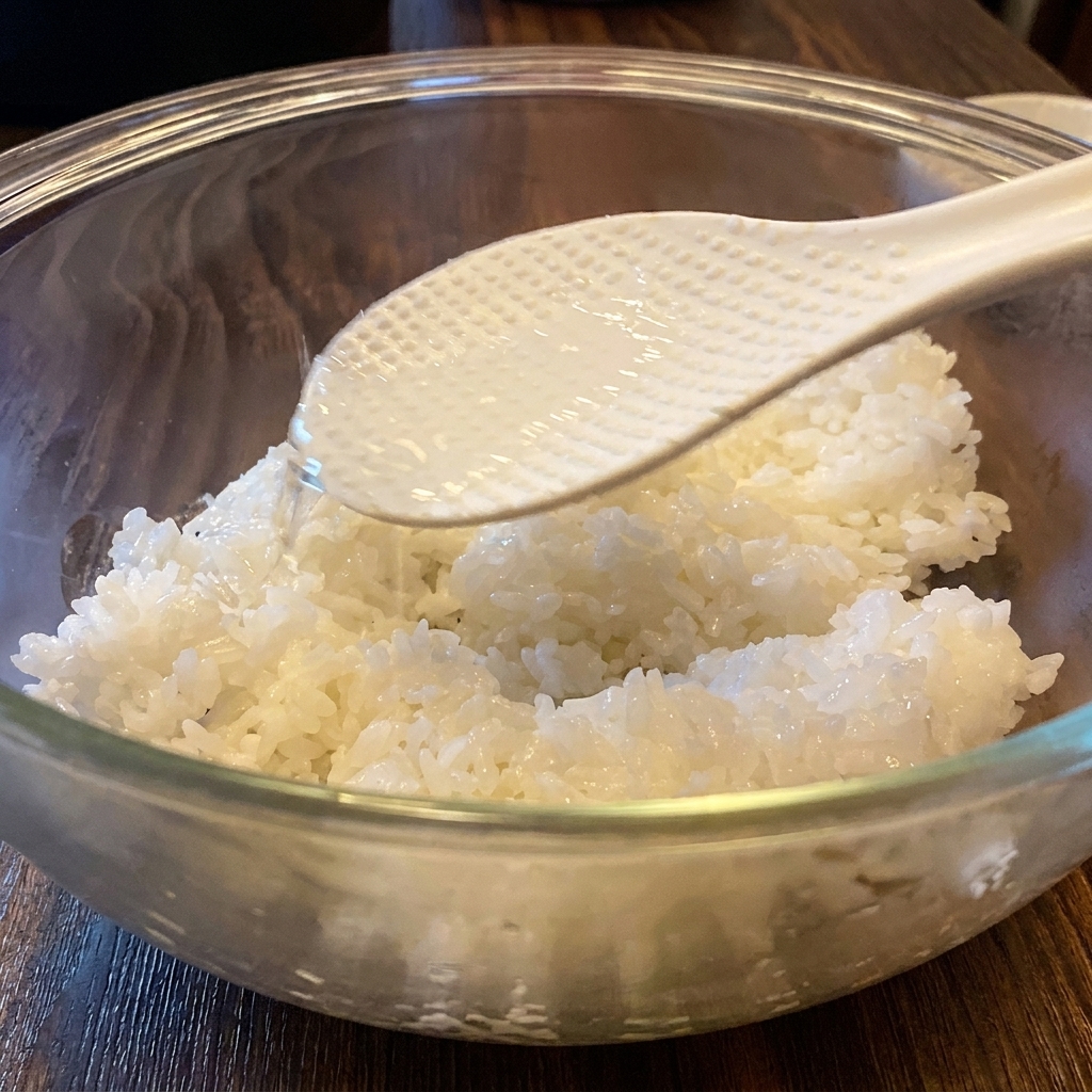 Clear sushi vinegar being poured onto a white rice paddle held over a glass bowl of cooked white rice.