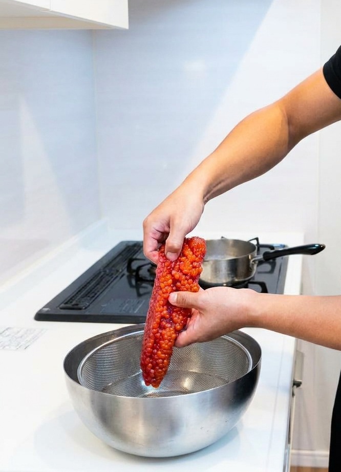 A long, vibrant orange salmon roe sac being held over a stainless steel bowl of warm water in a bright kitchen.