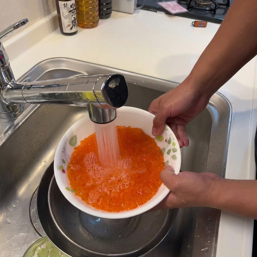 A close-up of hundreds of bright orange salmon eggs in a white floral-patterned bowl being rinsed under a kitchen faucet.
