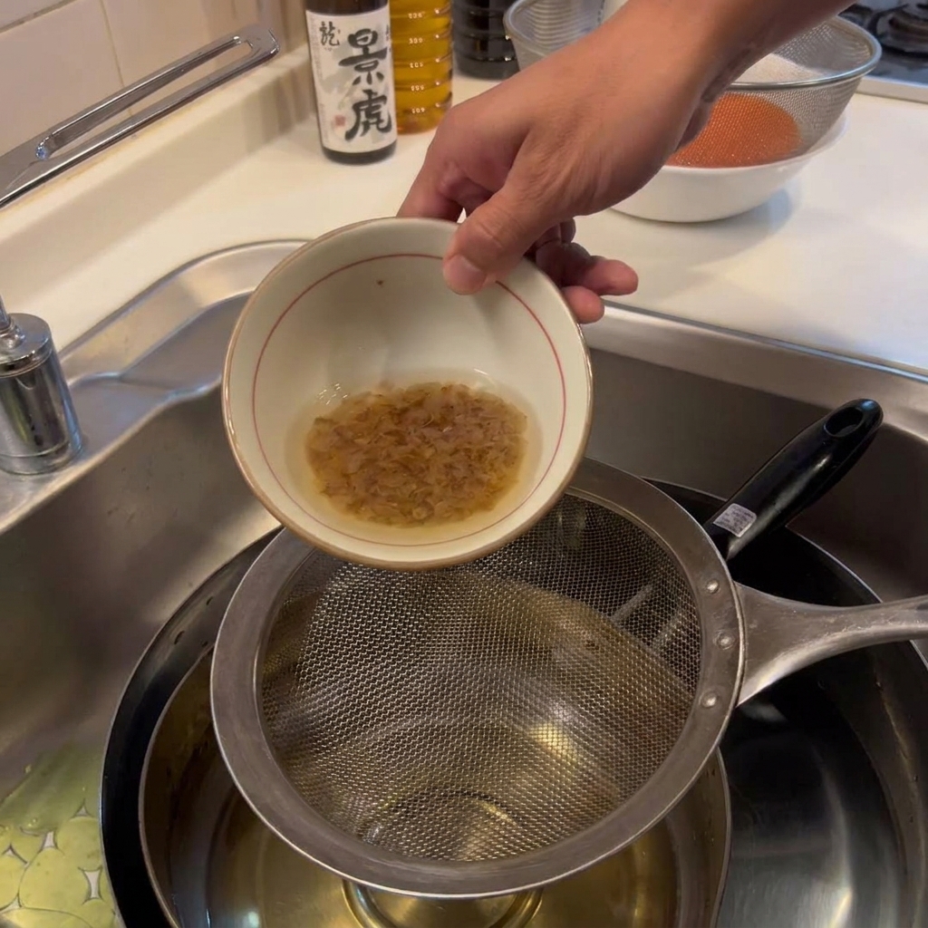 A person straining a golden liquid through a metal sieve to remove bonito flakes, with the liquid falling into a pot in a kitchen sink.