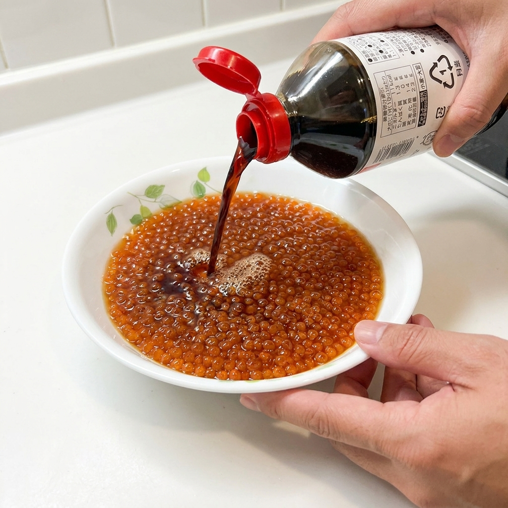Dark liquid soy sauce being poured from a clear bottle with a red cap onto a bowl filled with cleaned, bright orange salmon roe eggs.