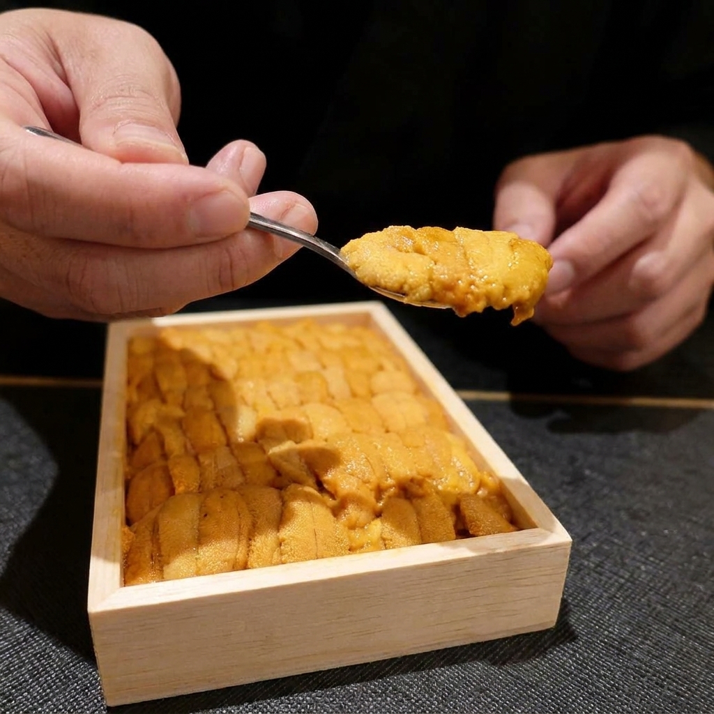 A spoon scooping fresh orange sea urchin from a wooden box to place it onto the seafood rice bowl.