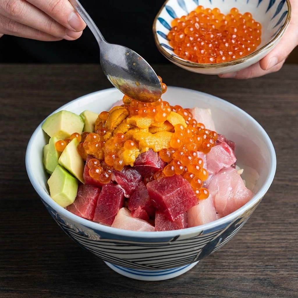 Glistening salmon roe being poured over sea urchin in a Japanese seafood bowl.