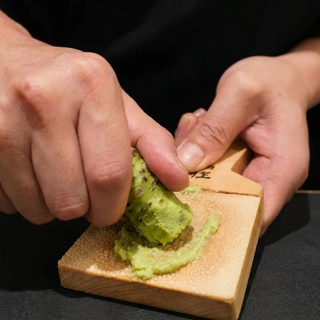 Fresh green wasabi root being grated in a circular motion on a traditional wooden grater.