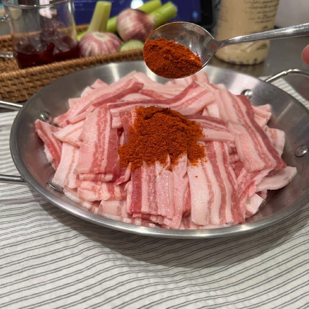 A close-up of a spoon adding bright red seasoning powder over layers of raw, thinly sliced pork belly in a stainless steel preparation bowl.