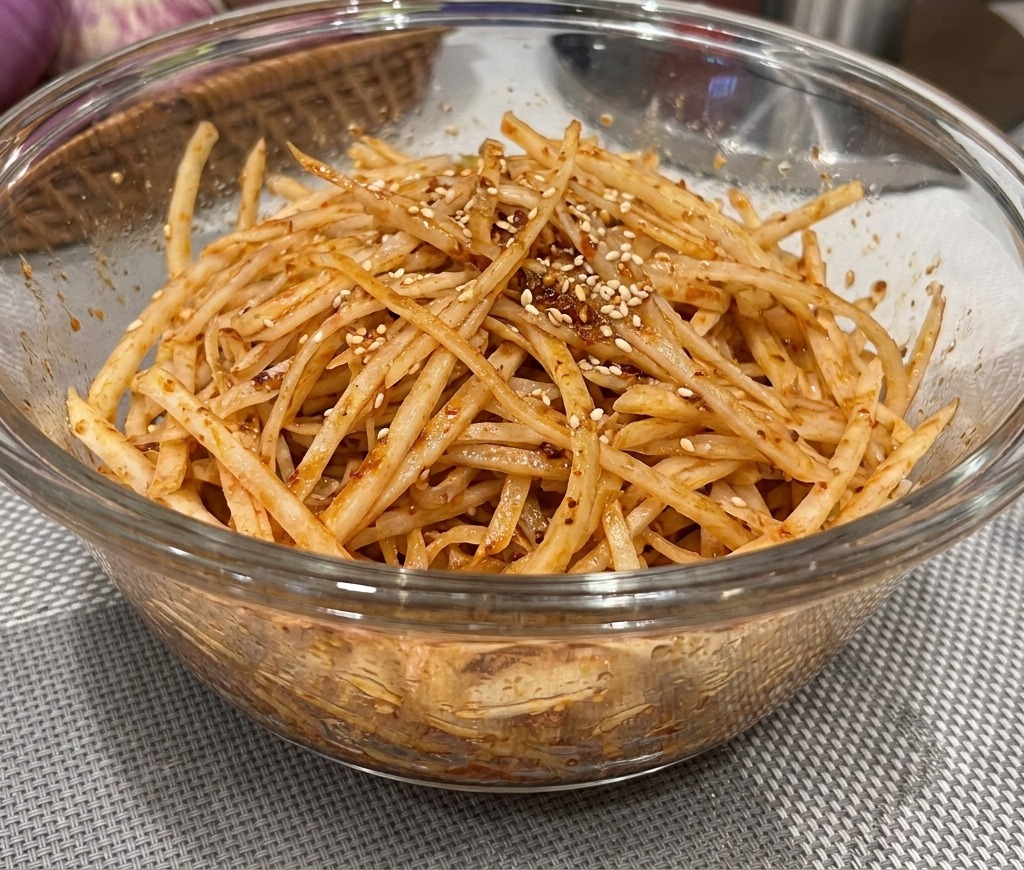 Spicy shredded scallion salad fully mixed in a glass bowl, coated in a vibrant red dressing and garnished with sesame seeds.