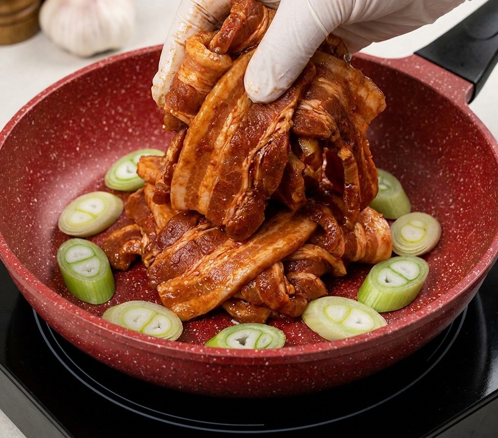A gloved hand placing dark, marinated pork belly strips into a red frying pan containing fresh scallion rounds.