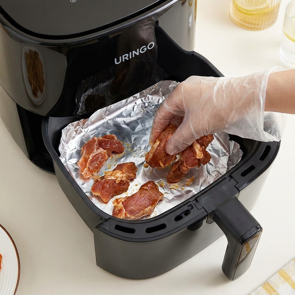 A gloved hand placing pieces of marinated reddish-brown pork belly onto a foil-lined air fryer basket.