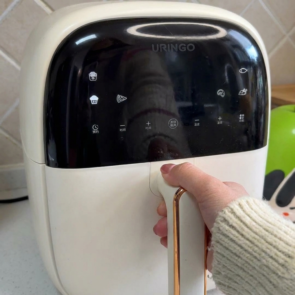 A hand touching the handle of a white air fryer with a digital display showing various cooking icons.