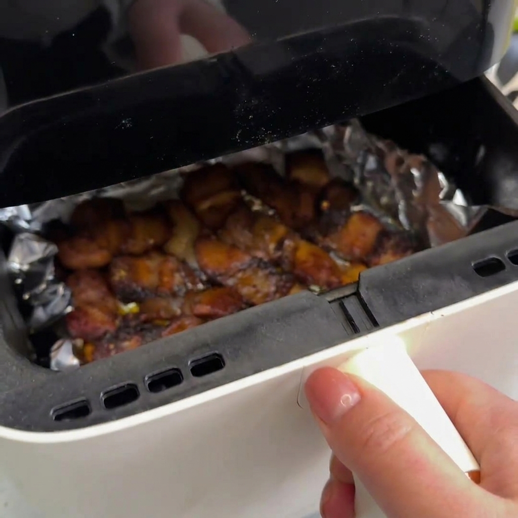 A person using chopsticks to turn over browned pork belly slices inside an air fryer basket lined with aluminum foil.