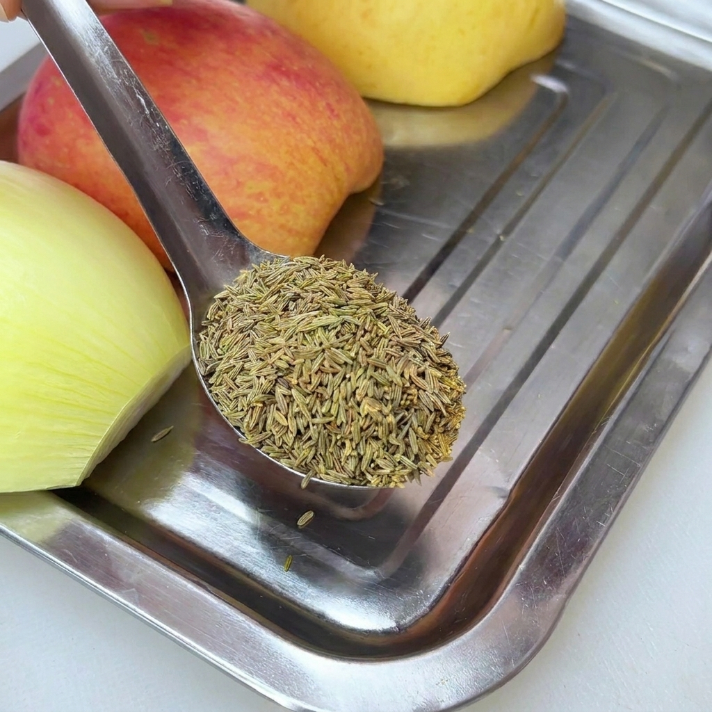 A metal spoon holding whole cumin seeds above a tray of fresh onion and fruit.