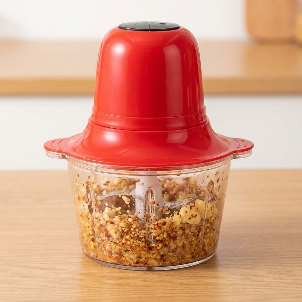 A red electric food processor filled with a thick, textured red marinade.