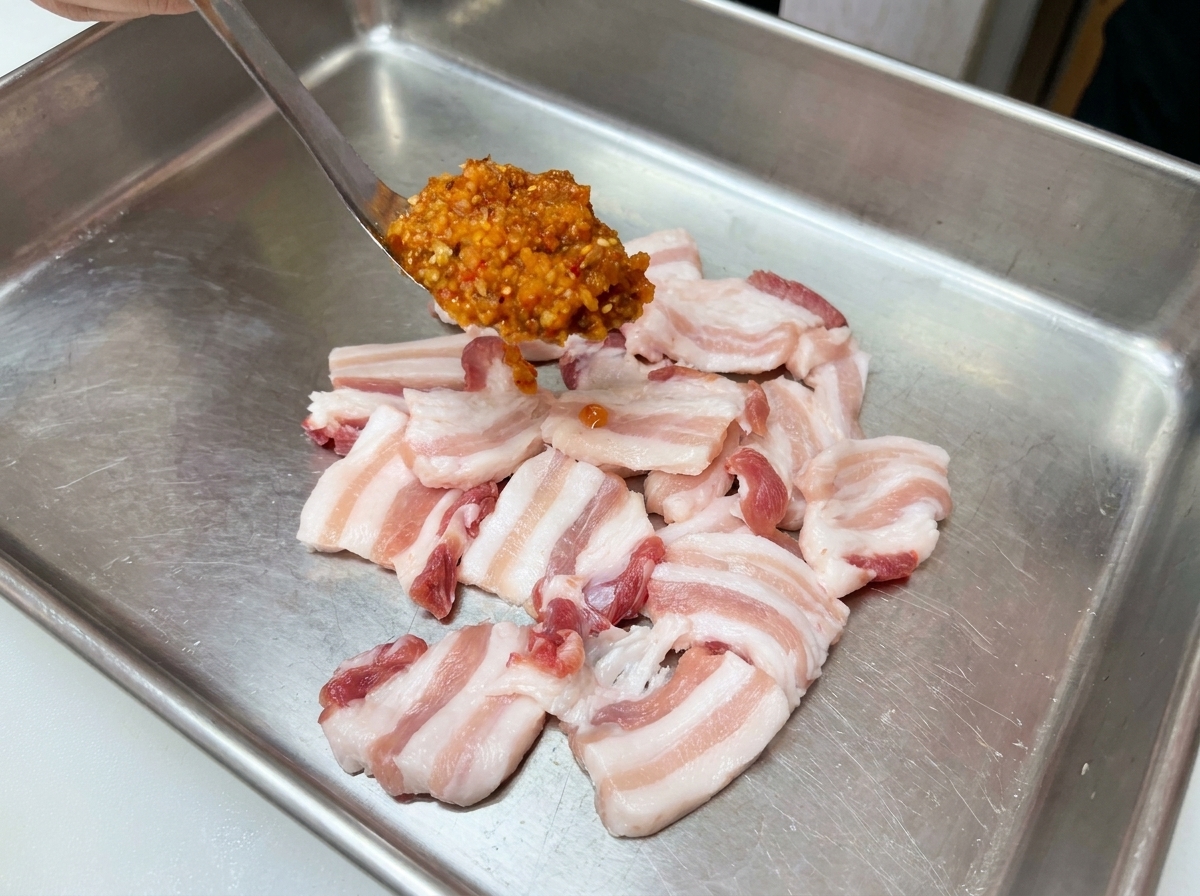 A spoon placing a scoop of red marinade onto raw slices of pork belly on a metal tray.