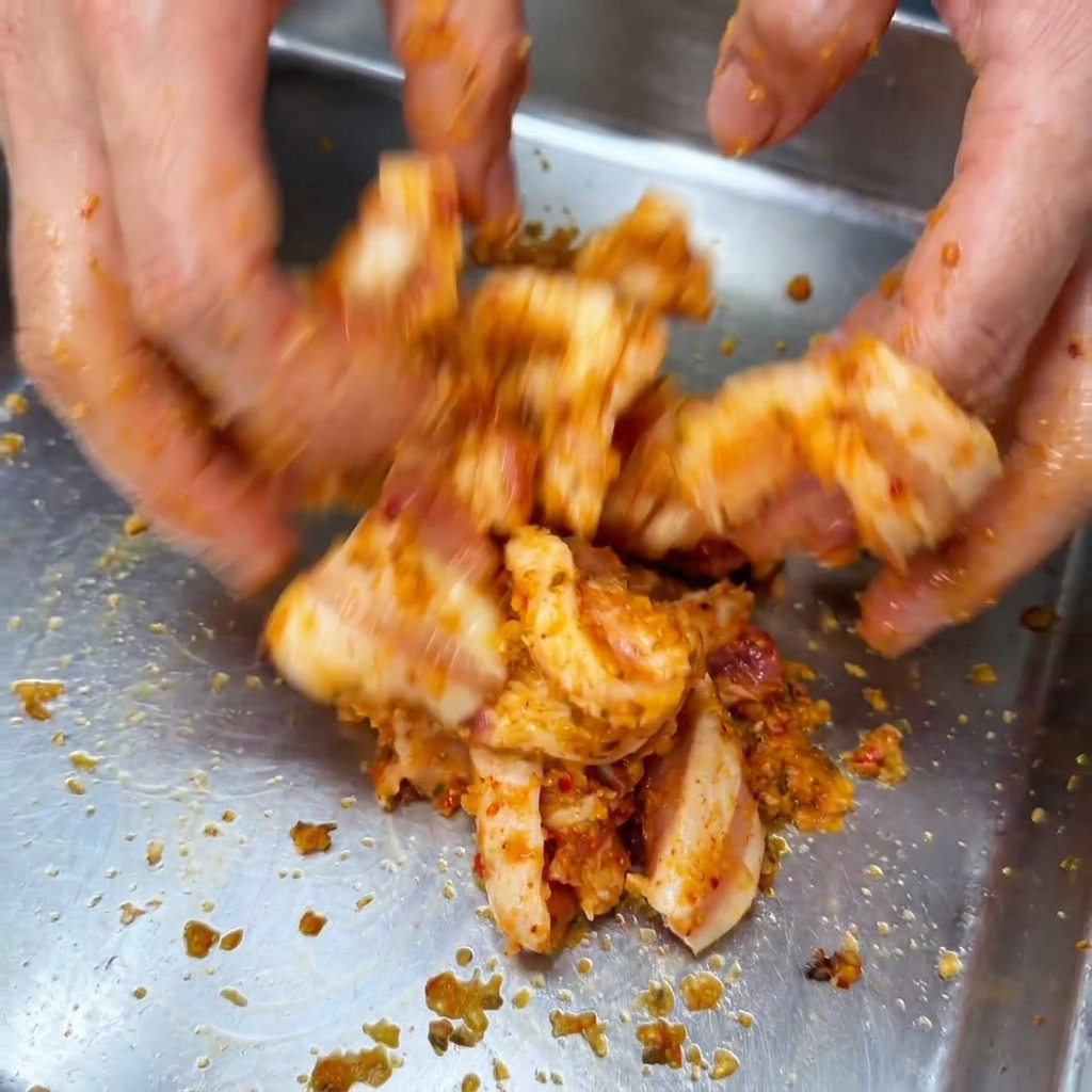 Hands mixing raw pork belly slices with a red-toned spice marinade in a metal tray.