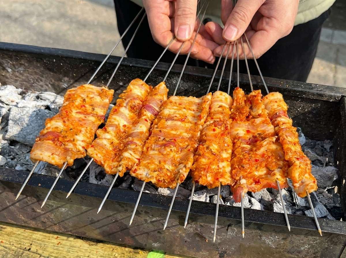 Several double-skewered pork belly portions laying flat across a black rectangular charcoal grill.