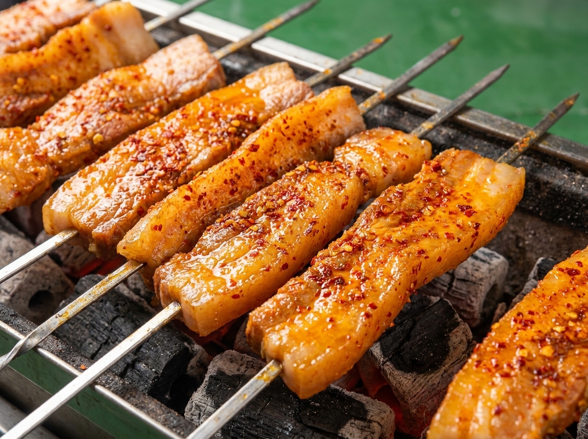 Skewers of pork belly flipped over on a grill showing glistening, browned meat and rendered fat over hot coals.