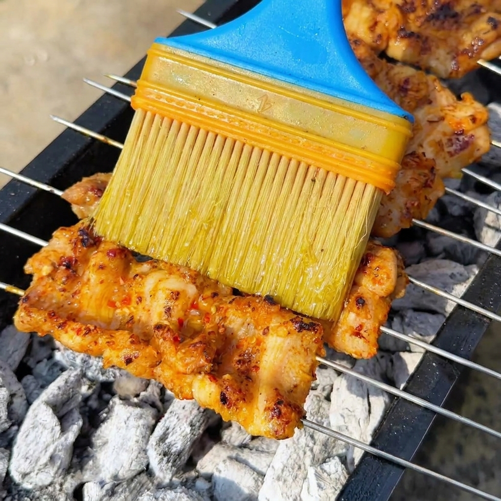 A yellow-bristled blue brush applying oil to sizzling pork belly skewers over white charcoal embers.