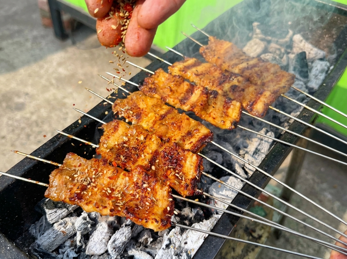 A hand sprinkling a mixture of seeds and chili flakes over charred pork belly skewers on a smoky grill.