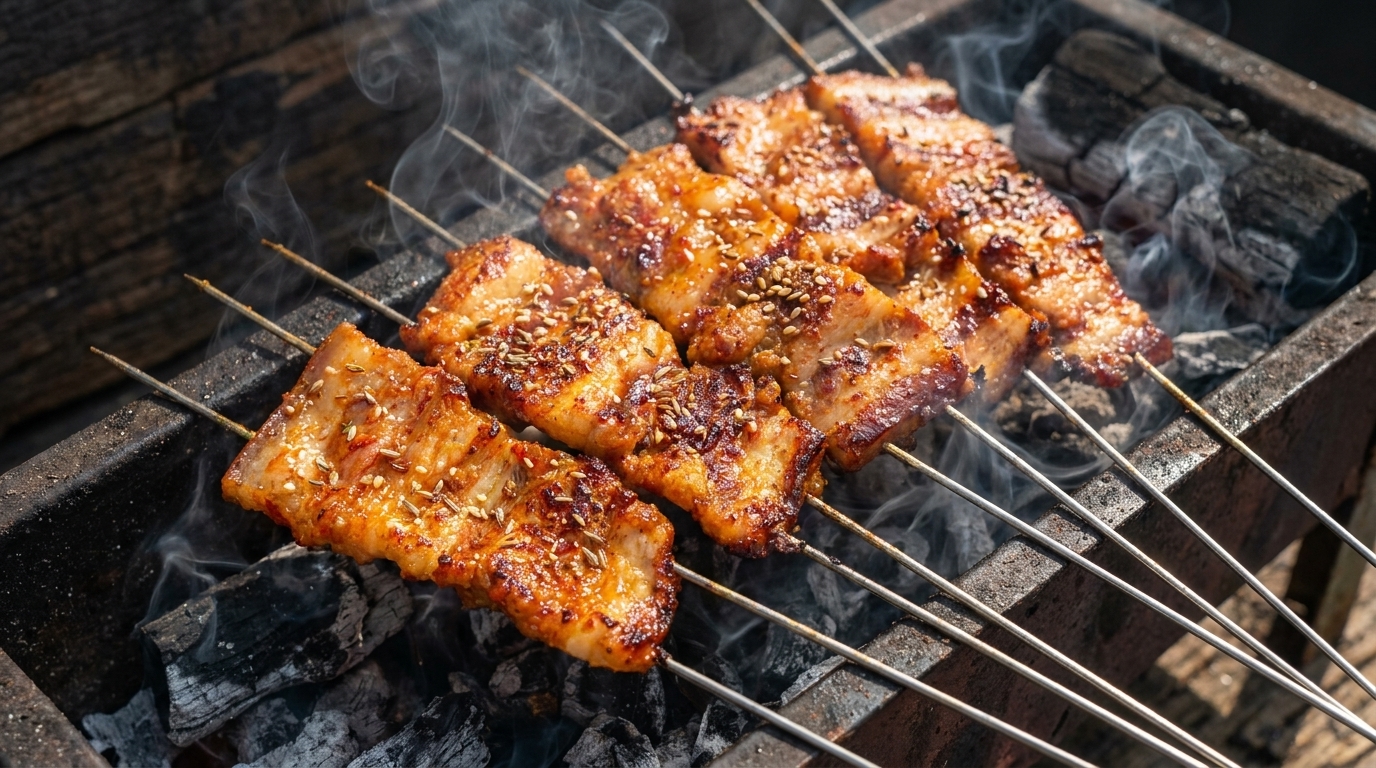 Korean-Style Charcoal Grilled Pork Belly Skewers (Yangnyeom Samgyeopsal-gui)