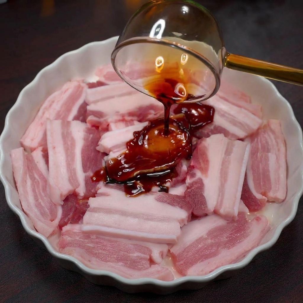 Dark liquid seasoning being poured from a glass ladle onto raw pork belly slices.