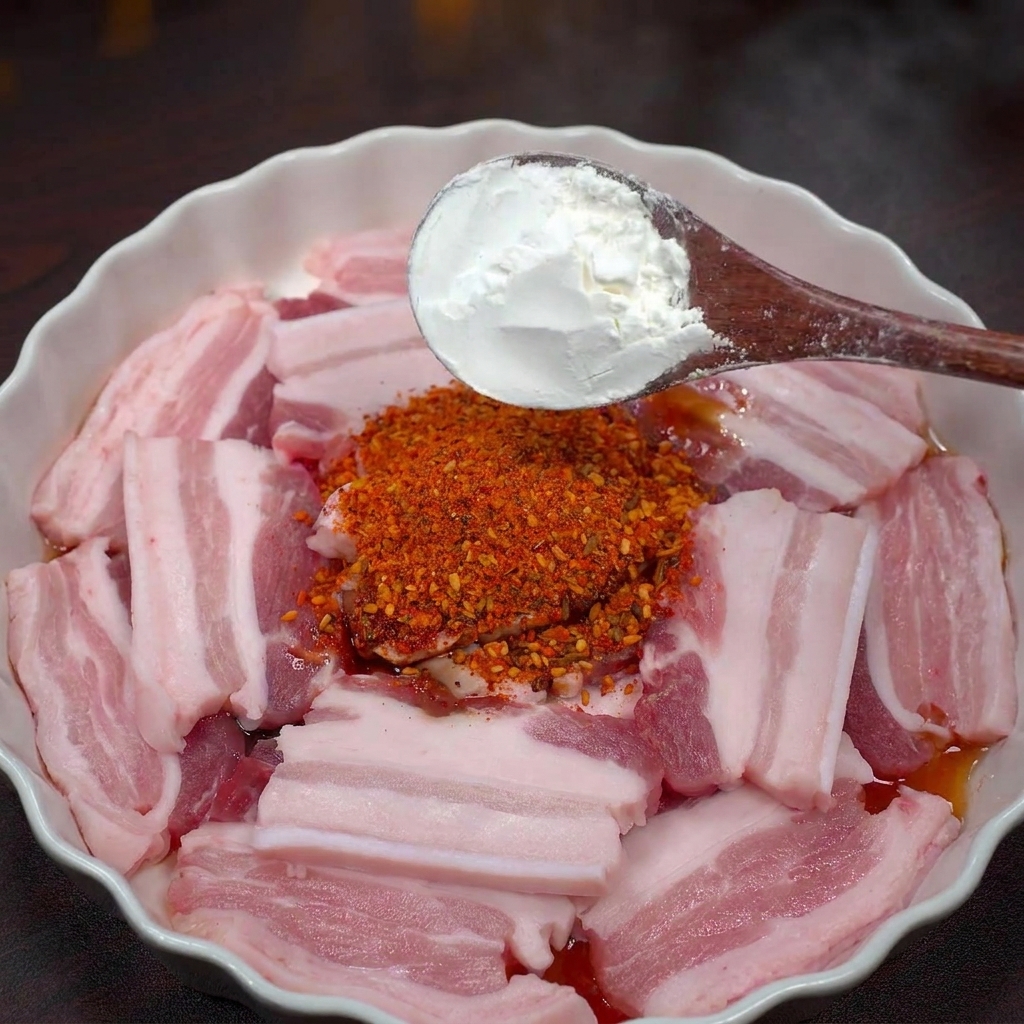 A wooden spoon adding a mound of white cornstarch on top of pork belly seasoned with red spice powder.