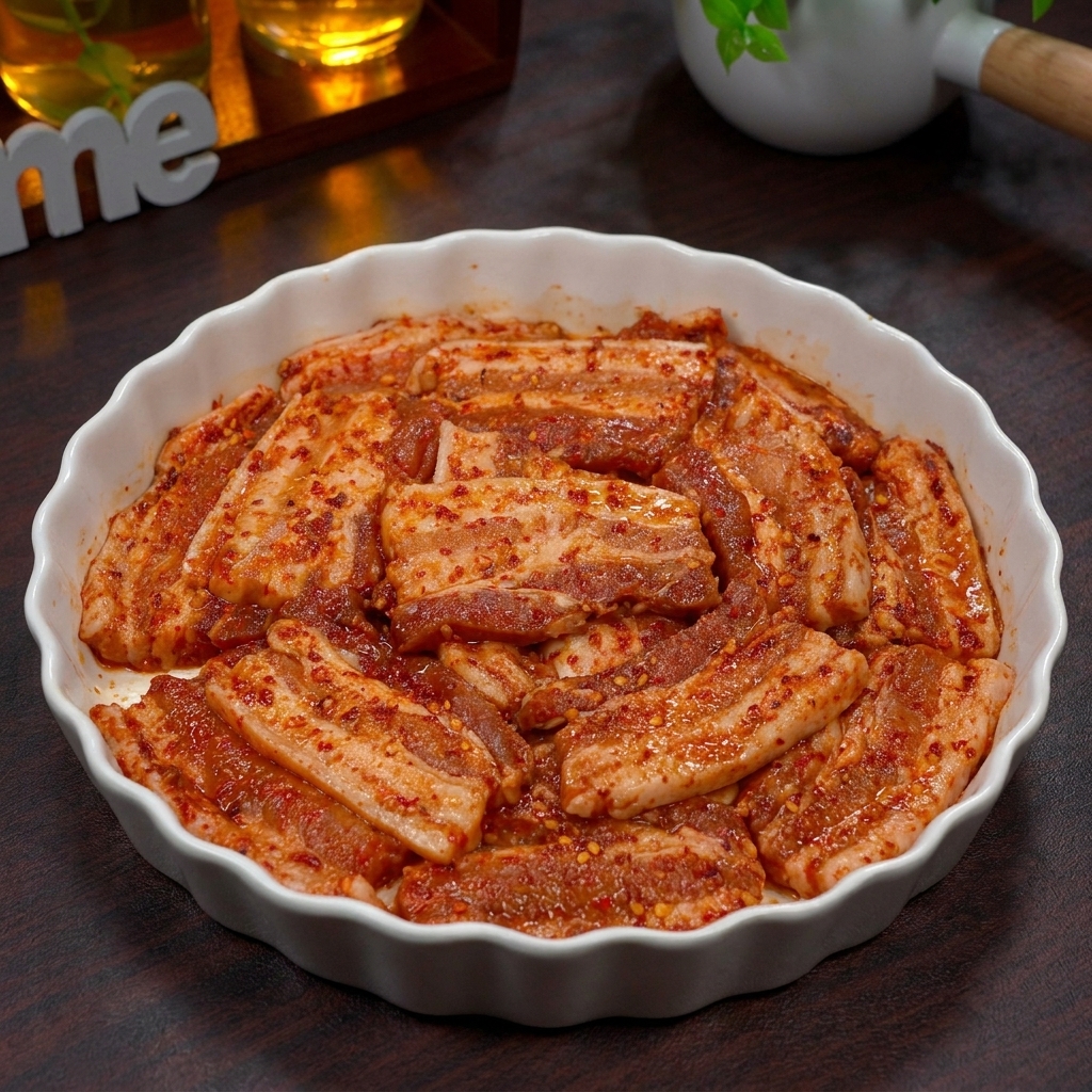 Marinated pork belly slices thoroughly coated in a red sauce, neatly arranged in a white bowl.
