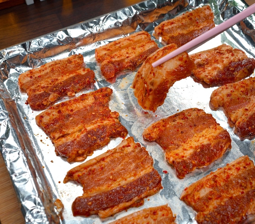 Marinated pork belly slices being laid flat on a silver foil-lined baking sheet using pink chopsticks.