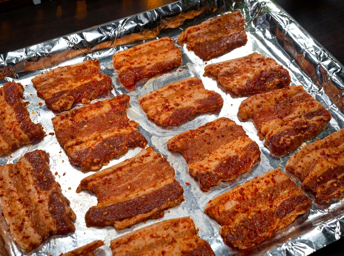 A tray of seasoned, reddish pork belly slices laid out on foil, ready for the oven.