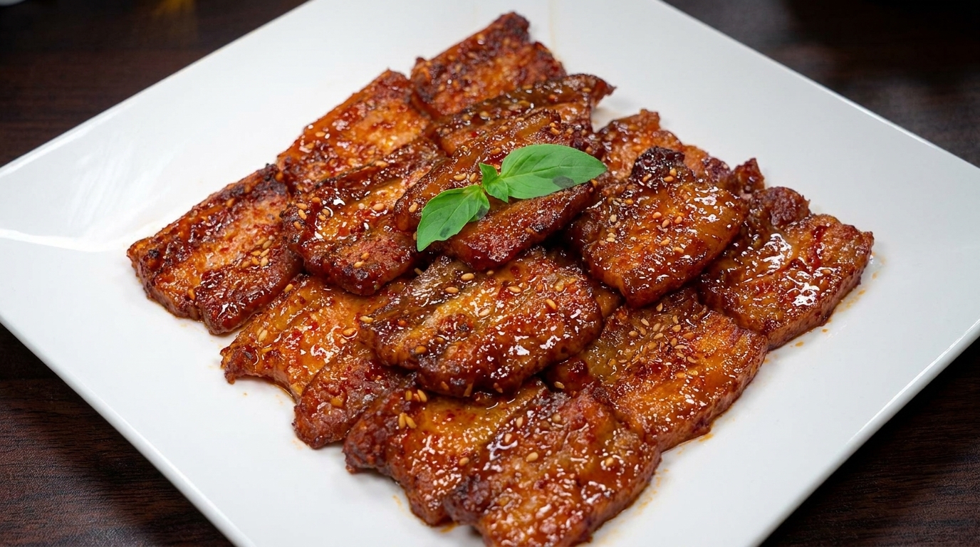 Glazed Korean pork belly slices garnished with sesame seeds and fresh basil