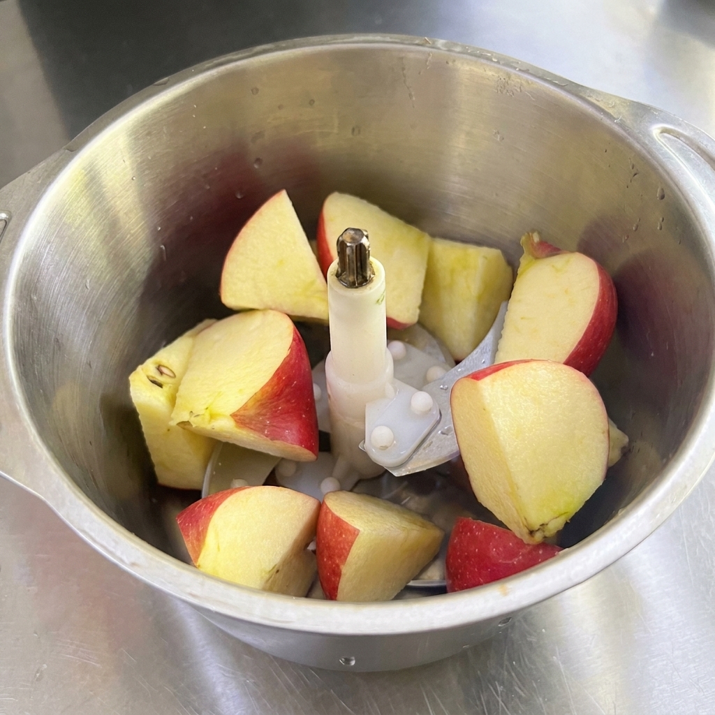 A stainless steel blender jar filled with large chunks of unpeeled red apple, pear, and white onion.