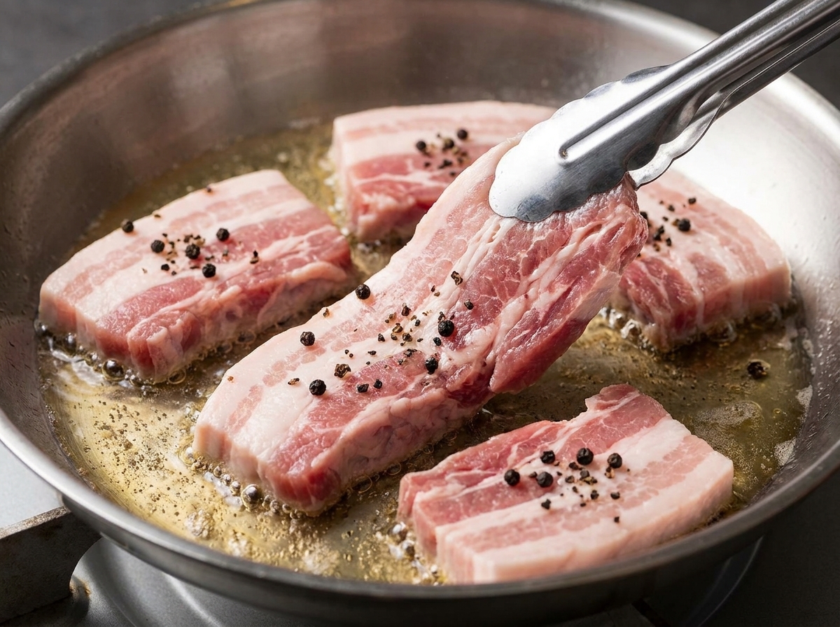 Tongs placing thick slices of pork belly seasoned with black pepper onto a hot oiled black grill pan