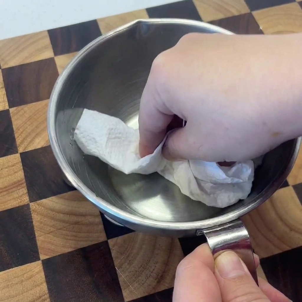 A hand using a white paper towel to press and dry raw shrimp inside a stainless steel bowl.