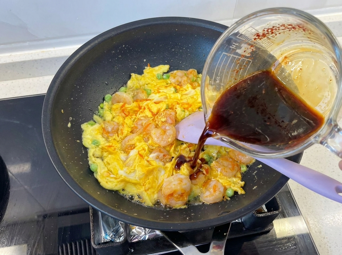 A glass measuring cup pouring a dark, savory soy-based sauce over cooked shrimp, scrambled eggs, and green peas in a black skillet.