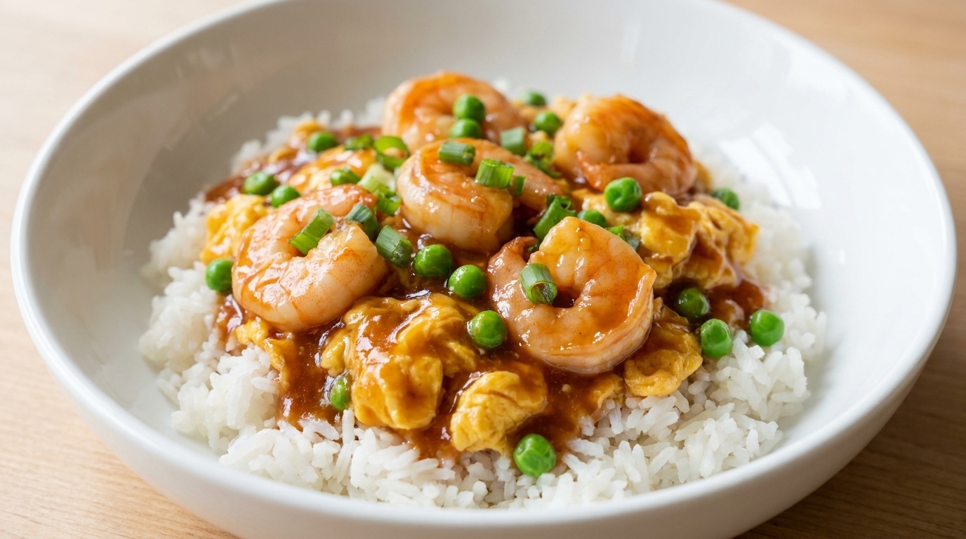 Glossy saucy shrimp and fluffy scrambled eggs served over a steaming bed of jasmine rice