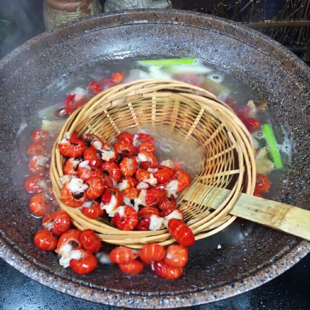 A traditional bamboo mesh strainer lifting several bright red boiled crawfish tails out of a steaming pot of water.