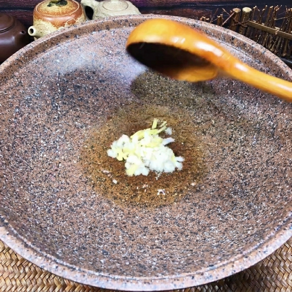Minced garlic and ginger sizzling in a small pool of oil at the bottom of a stone-textured wok.