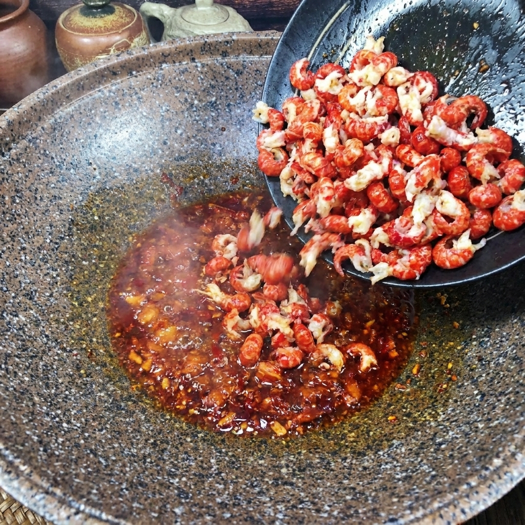 A plate of peeled pink crawfish meat being slid into a wok containing a bubbling, spicy red sauce base.